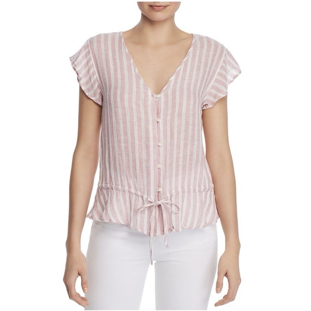Rails Bretton Top Women XS Rose Stripe Excellent Linen Blend Flutter Sleeve Boho